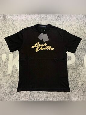 Louis Vuitton Black Short Sleeve Tee with Gold Script Logo
